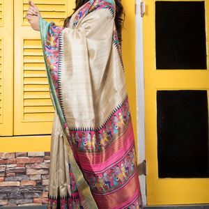 Soft Semi Ghicha Tussar Hand Printed Saree