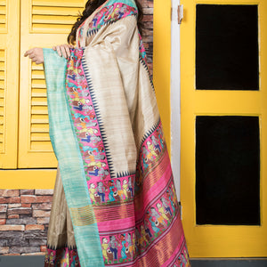 Soft Semi Ghicha Tussar Hand Printed Saree