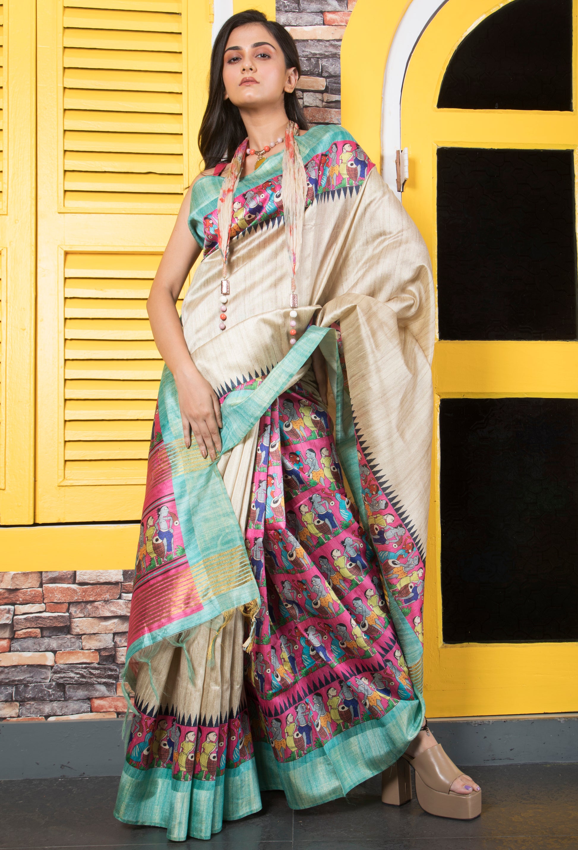 Soft Semi Ghicha Tussar Hand Printed Saree