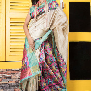 Soft Semi Ghicha Tussar Hand Printed Saree