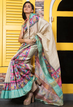 Soft Semi Ghicha Tussar Hand Printed Saree