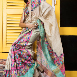 Soft Semi Ghicha Tussar Hand Printed Saree