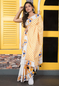 Silk Cotton Checks Stripe Peacock Kantha Stitch Saree