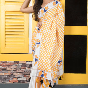 Silk Cotton Checks Stripe Peacock Kantha Stitch Saree