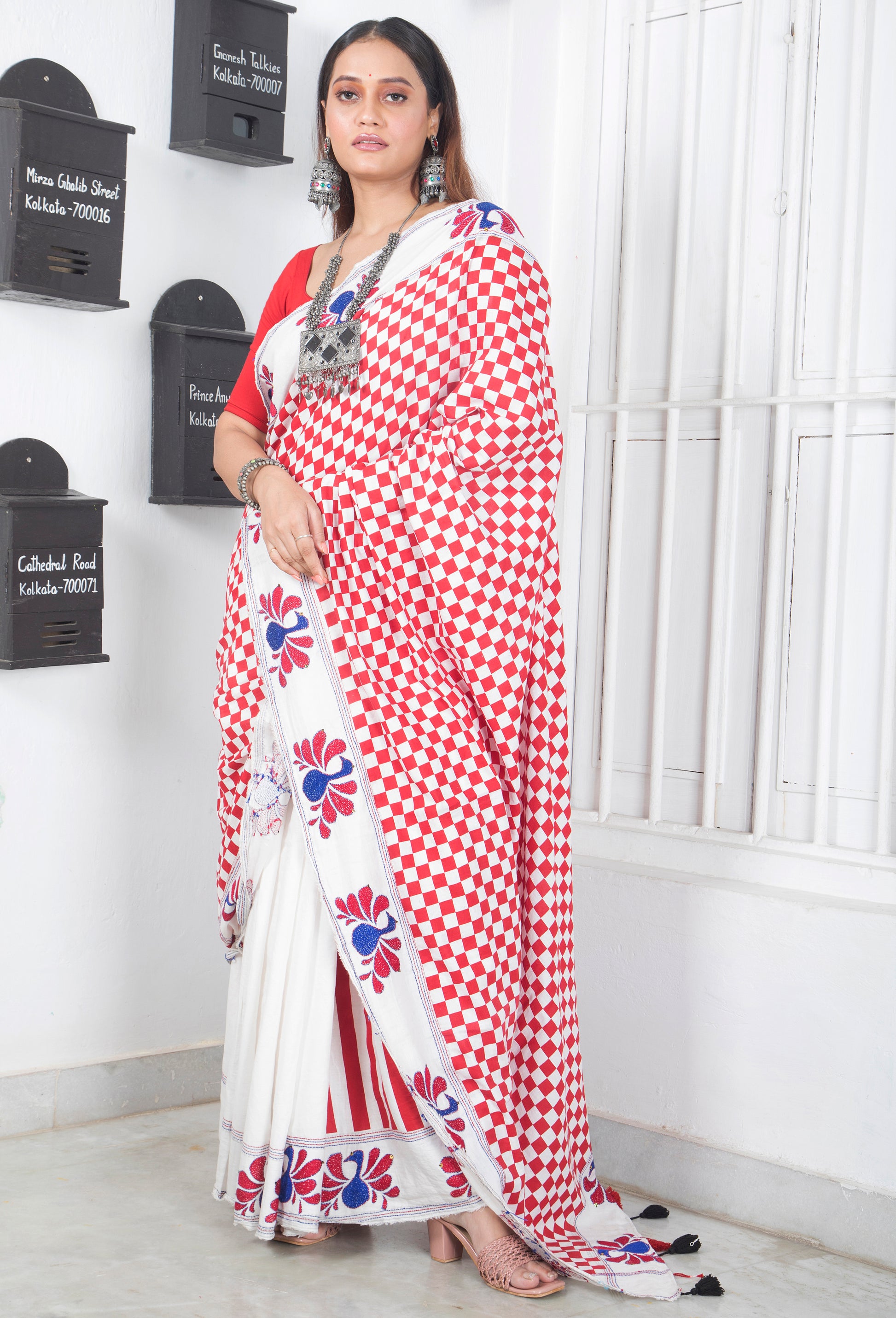 Silk Cotton Checks Stripe Peacock Kantha Stitch Saree