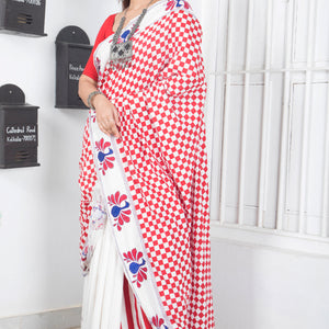 Silk Cotton Checks Stripe Peacock Kantha Stitch Saree