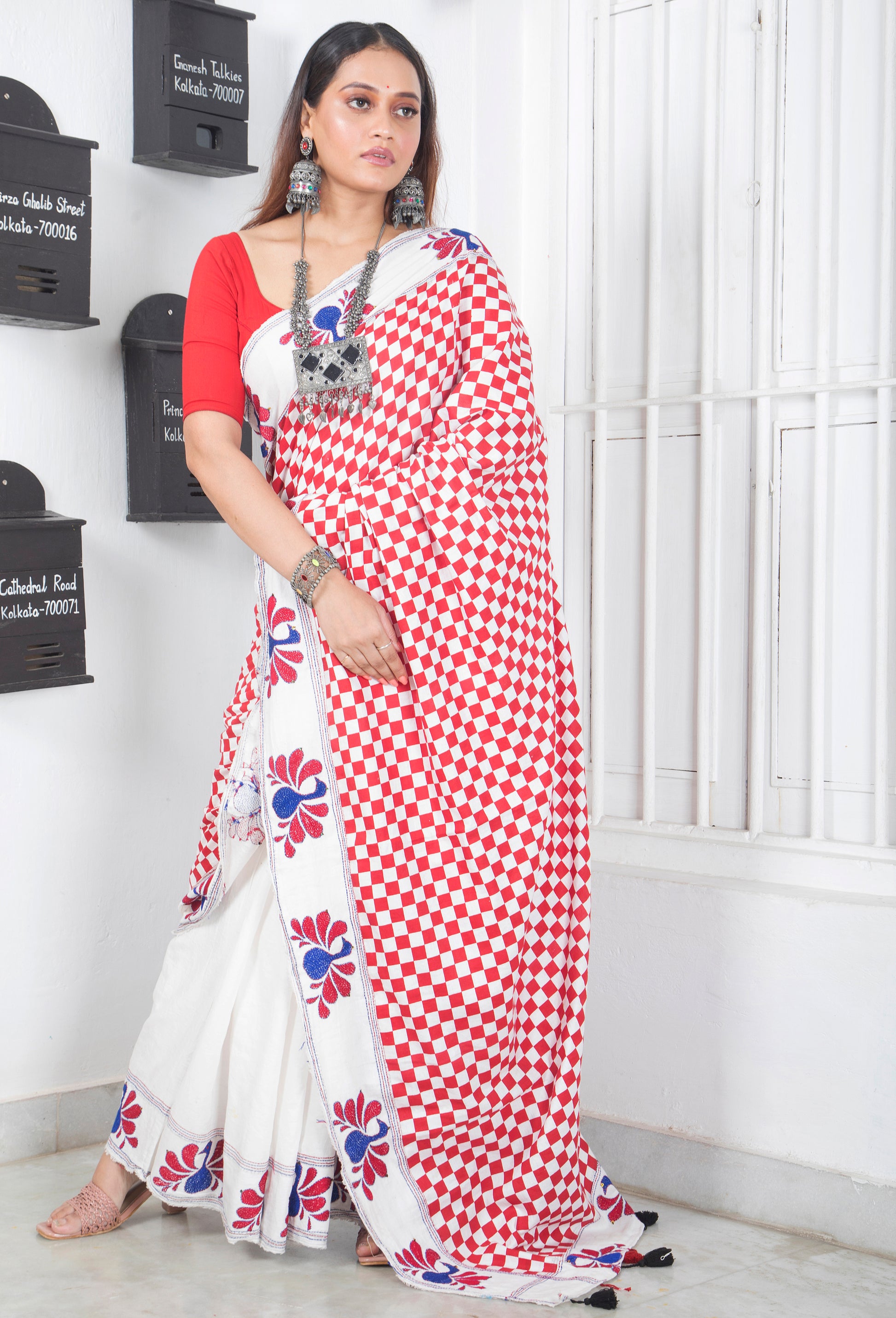 Silk Cotton Checks Stripe Peacock Kantha Stitch Saree