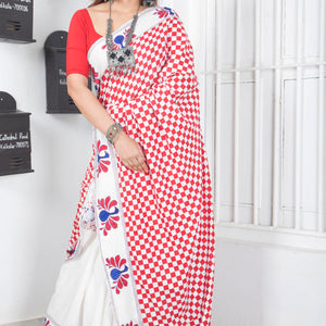 Silk Cotton Checks Stripe Peacock Kantha Stitch Saree