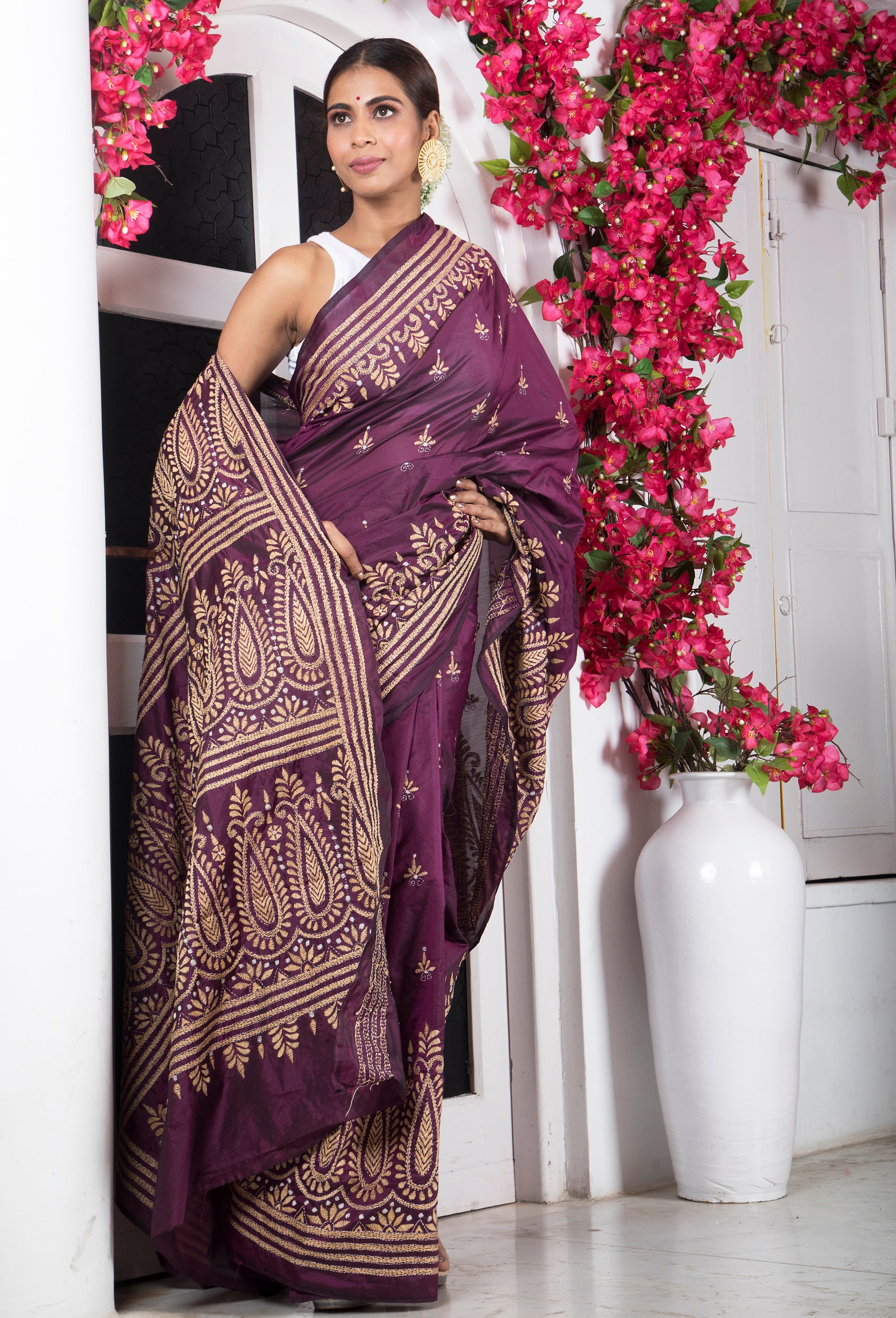 Handmade Kantha Embroidery Pure Bangalore Silk Saree