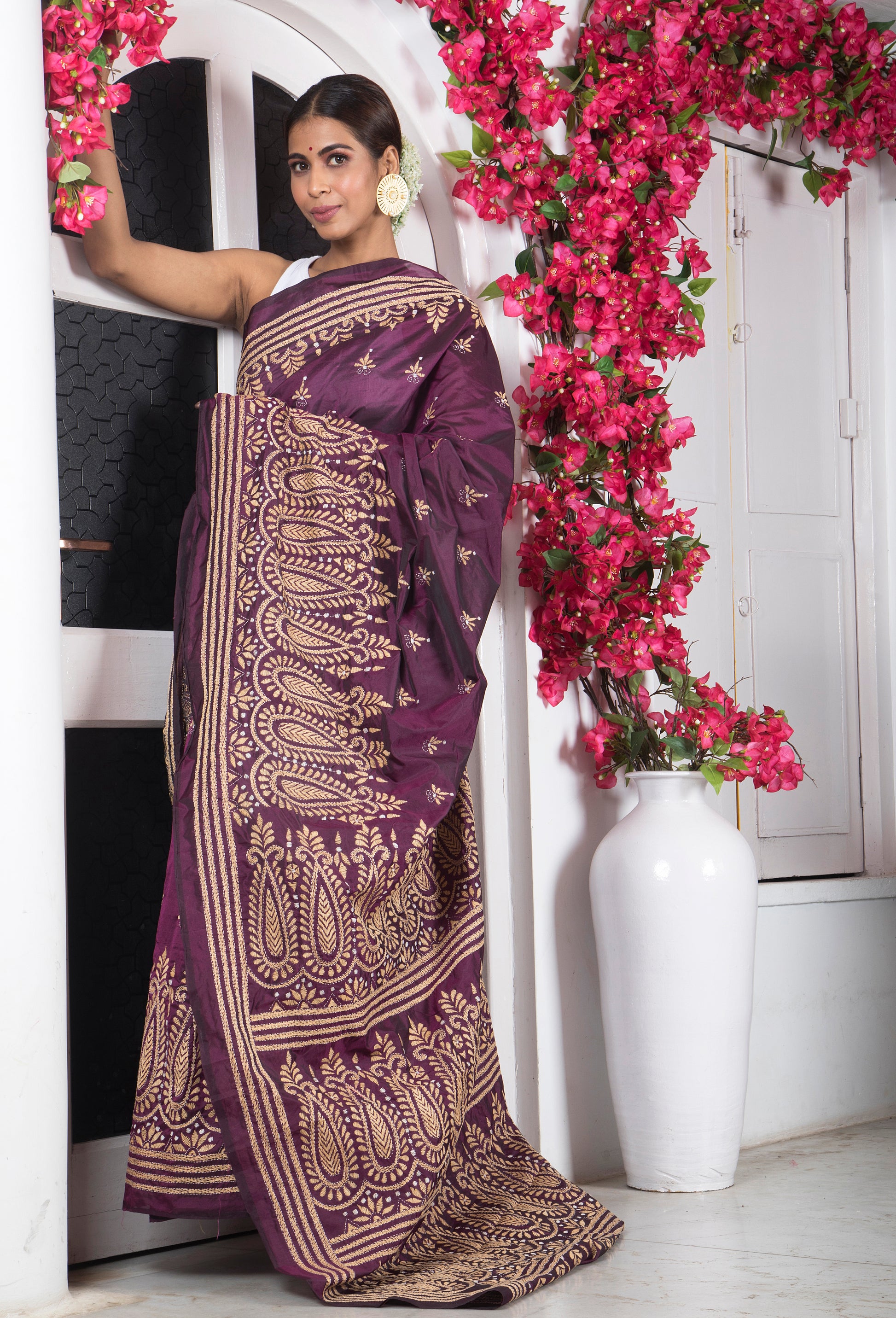 Handmade Kantha Embroidery Pure Bangalore Silk Saree