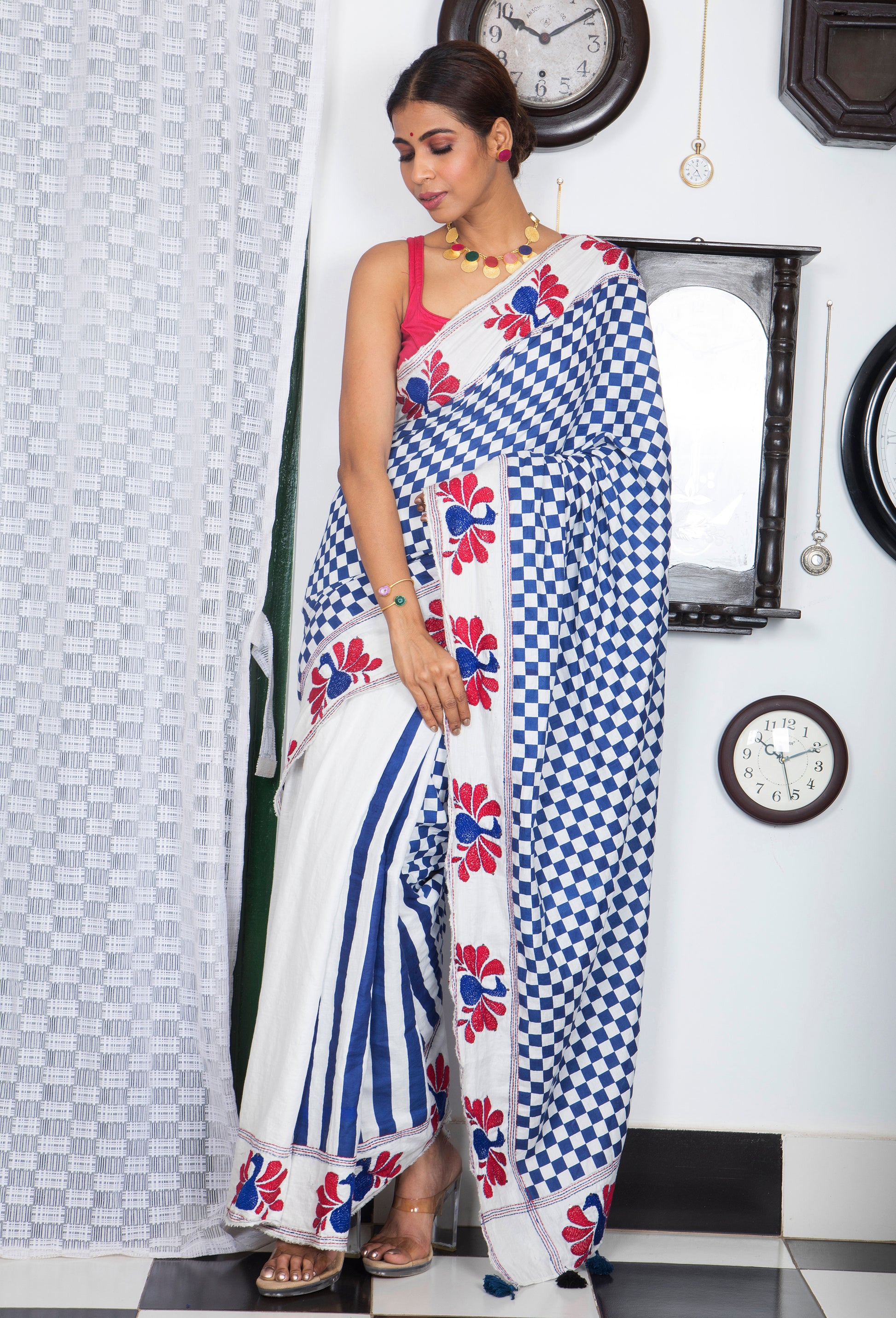 Silk Cotton Checks Stripe Peacock Kantha Stitch Saree