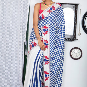 Silk Cotton Checks Stripe Peacock Kantha Stitch Saree