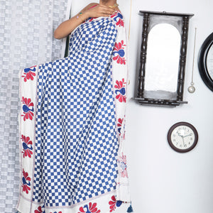 Silk Cotton Checks Stripe Peacock Kantha Stitch Saree