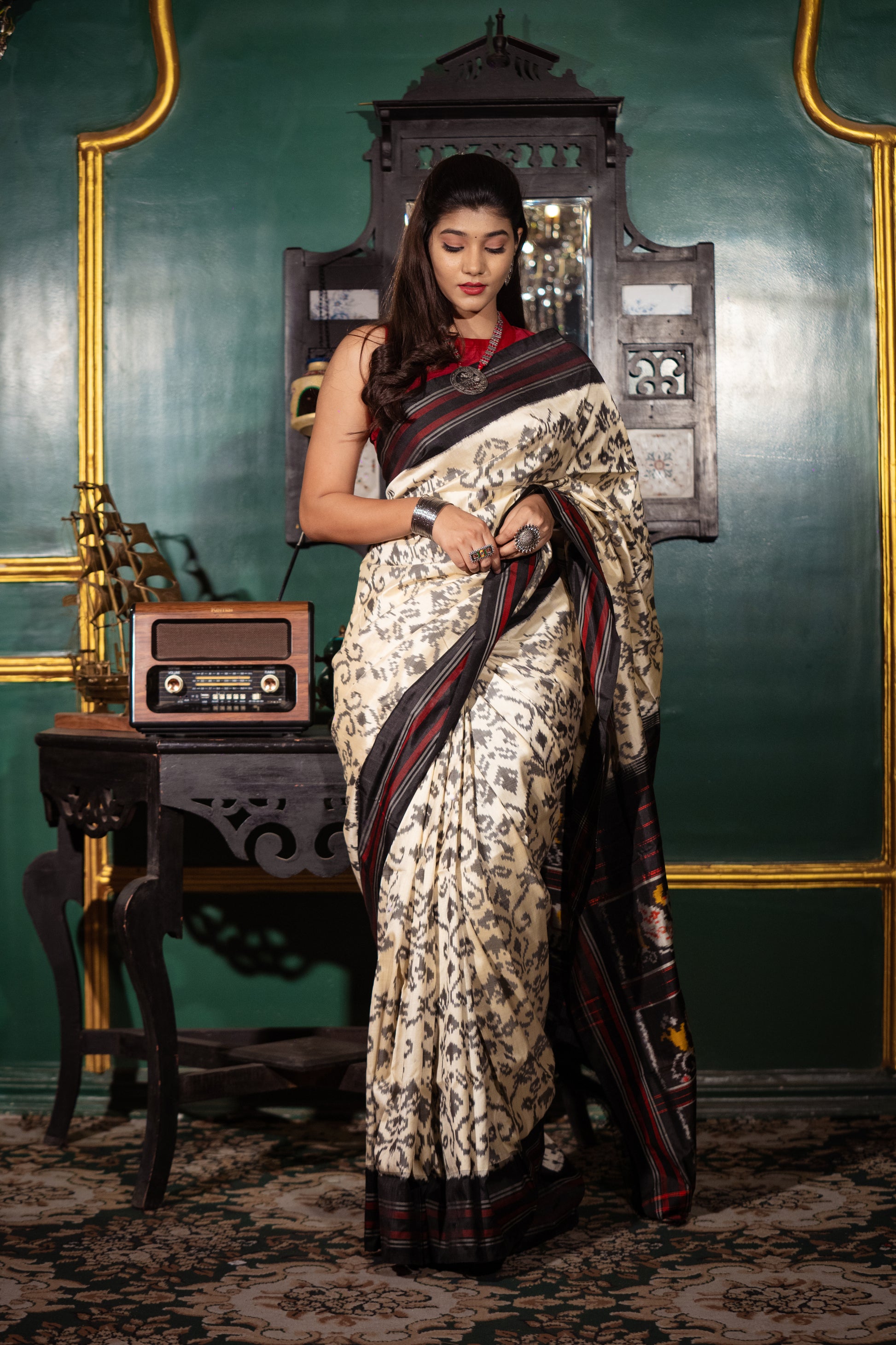 Off White Pochampally Silk Saree