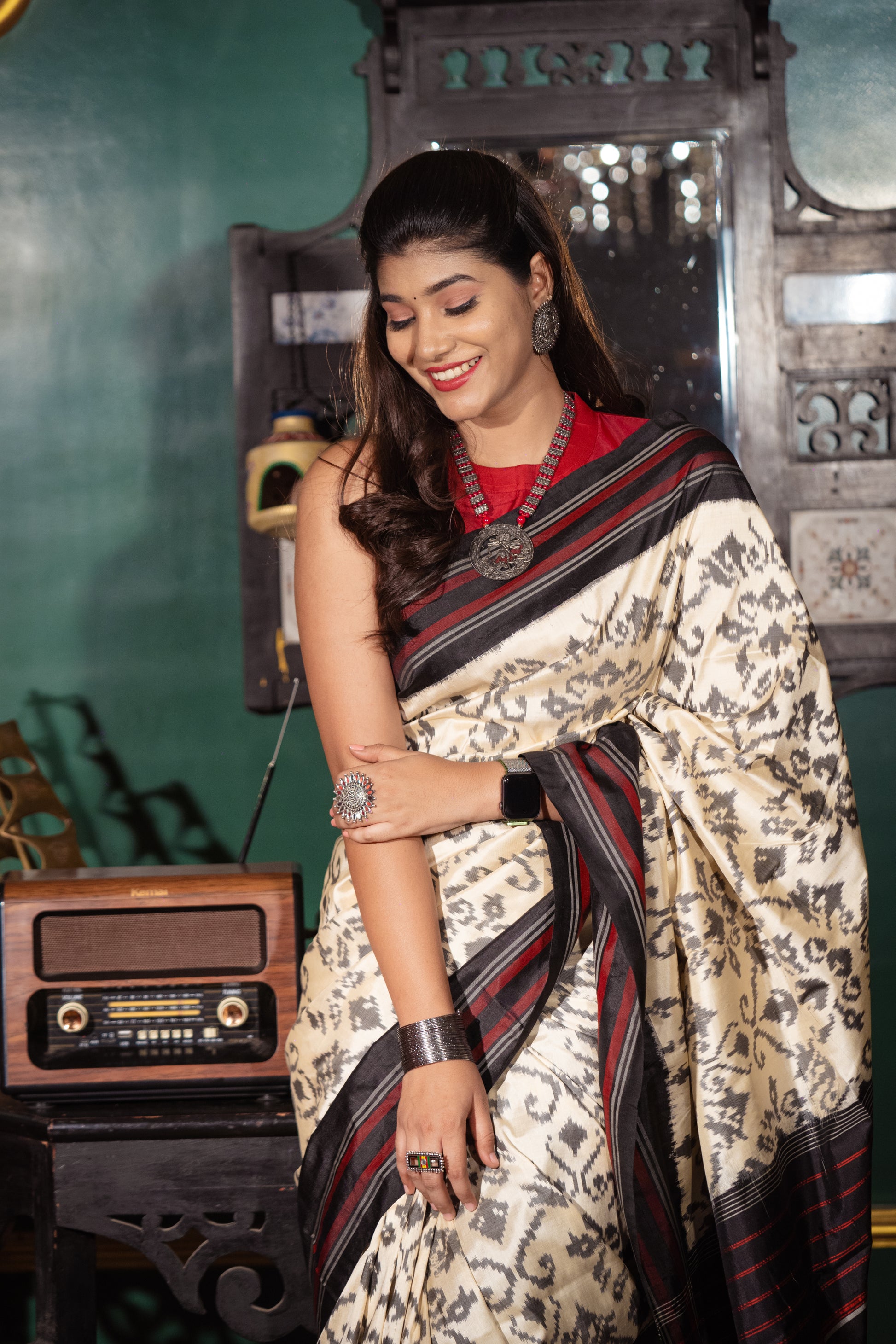 Off White Pochampally Silk Saree