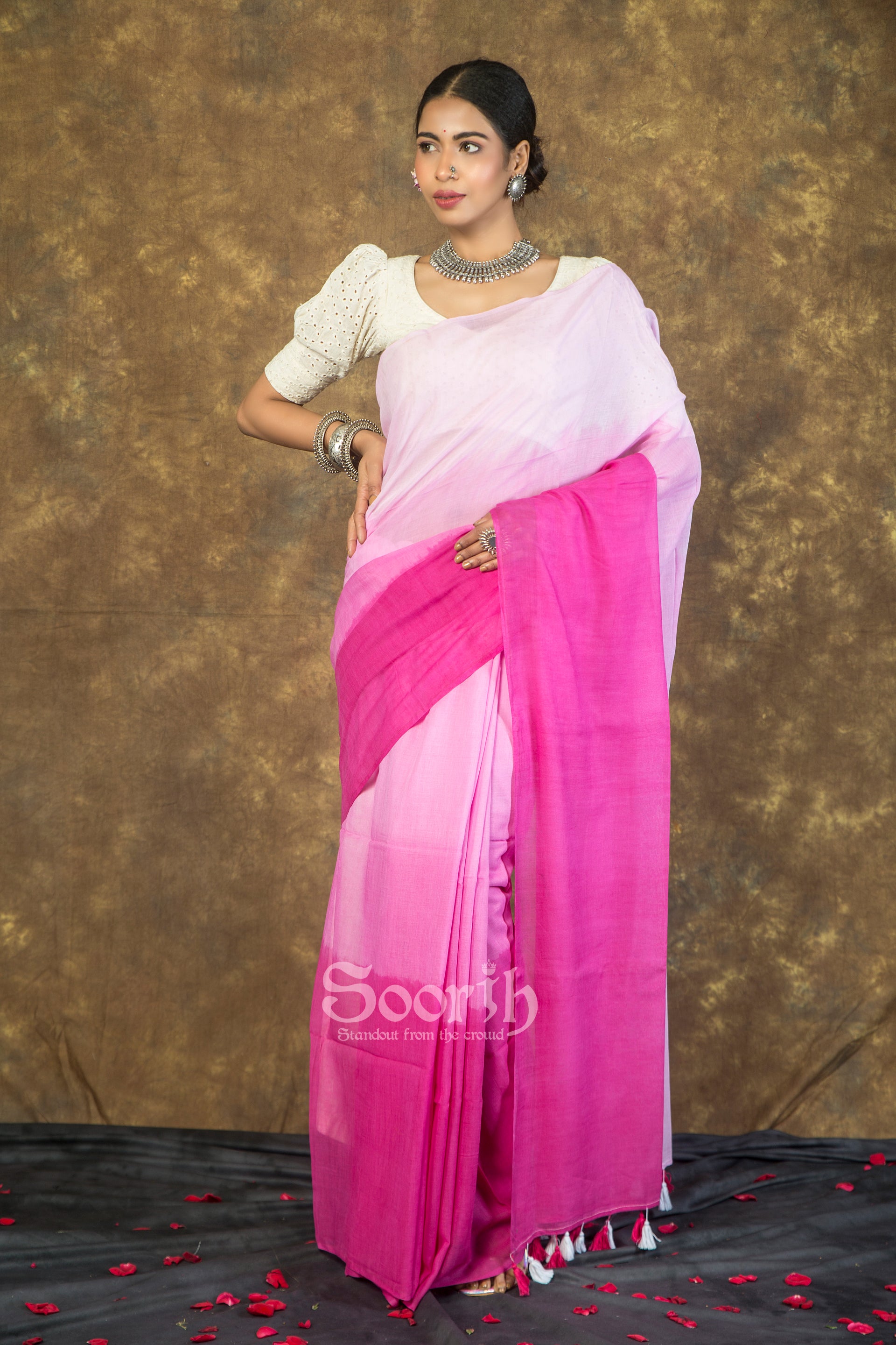 Pink Mul Cotton Ombre Saree