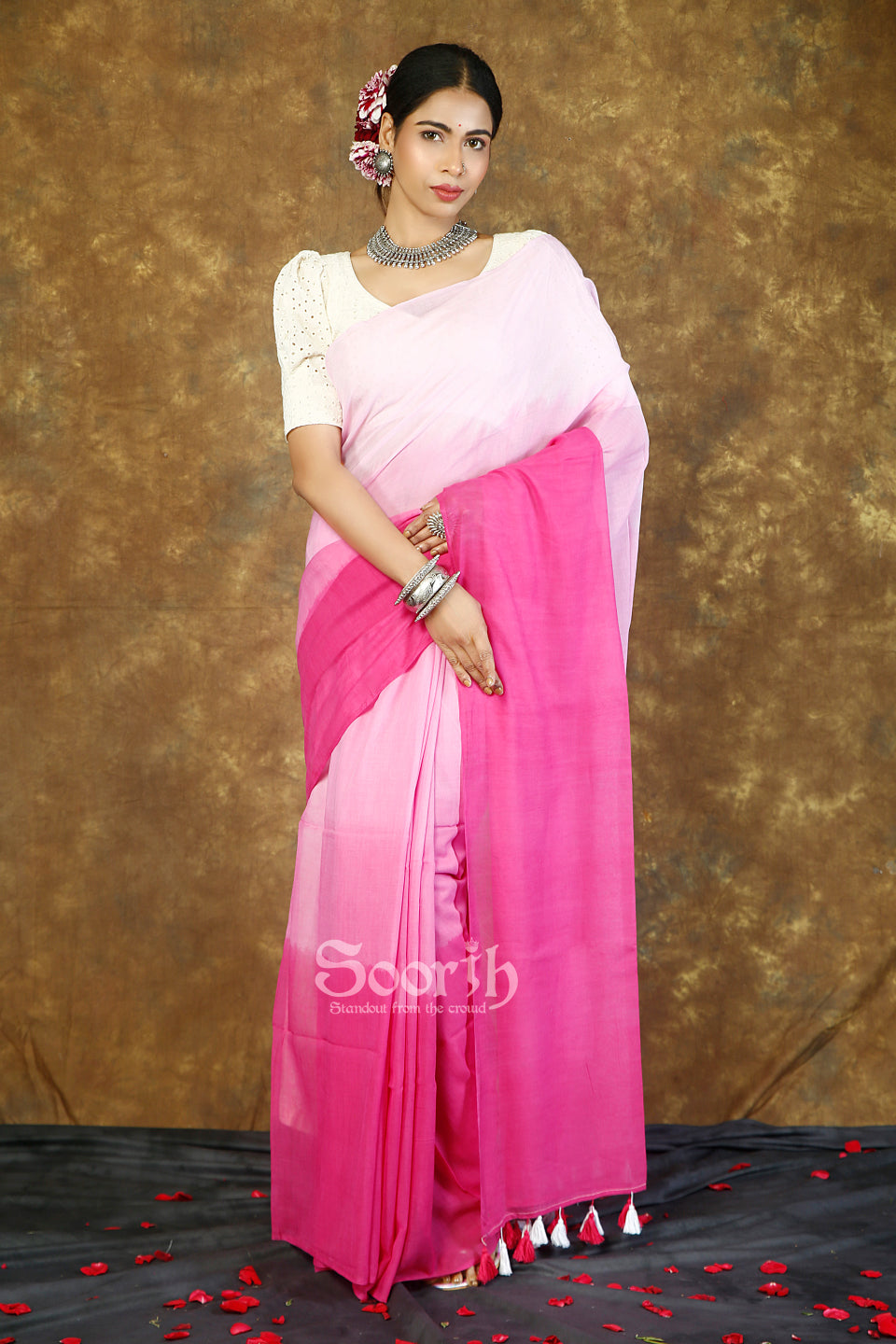 Pink Mul Cotton Ombre Saree