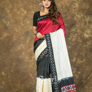 Off White Black Maroon Double Warp Ikkat Silk Saree