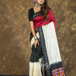Off White Black Maroon Double Warp Ikkat Silk Saree