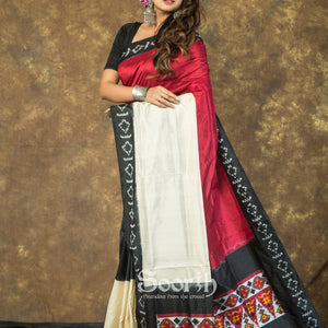 Off White Black Maroon Double Warp Ikkat Silk Saree