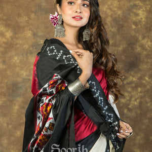 Off White Black Maroon Double Warp Ikkat Silk Saree