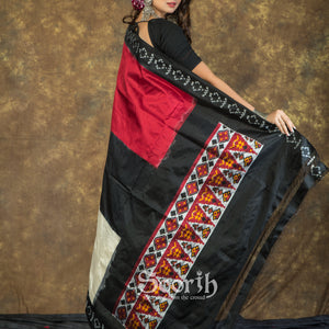 Off White Black Maroon Double Warp Ikkat Silk Saree