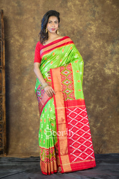 Green Red Pochampally Double Warp Ikkat Silk Saree