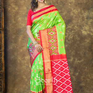 Green Red Pochampally Double Warp Ikkat Silk Saree