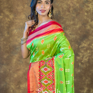 Green Red Pochampally Double Warp Ikkat Silk Saree