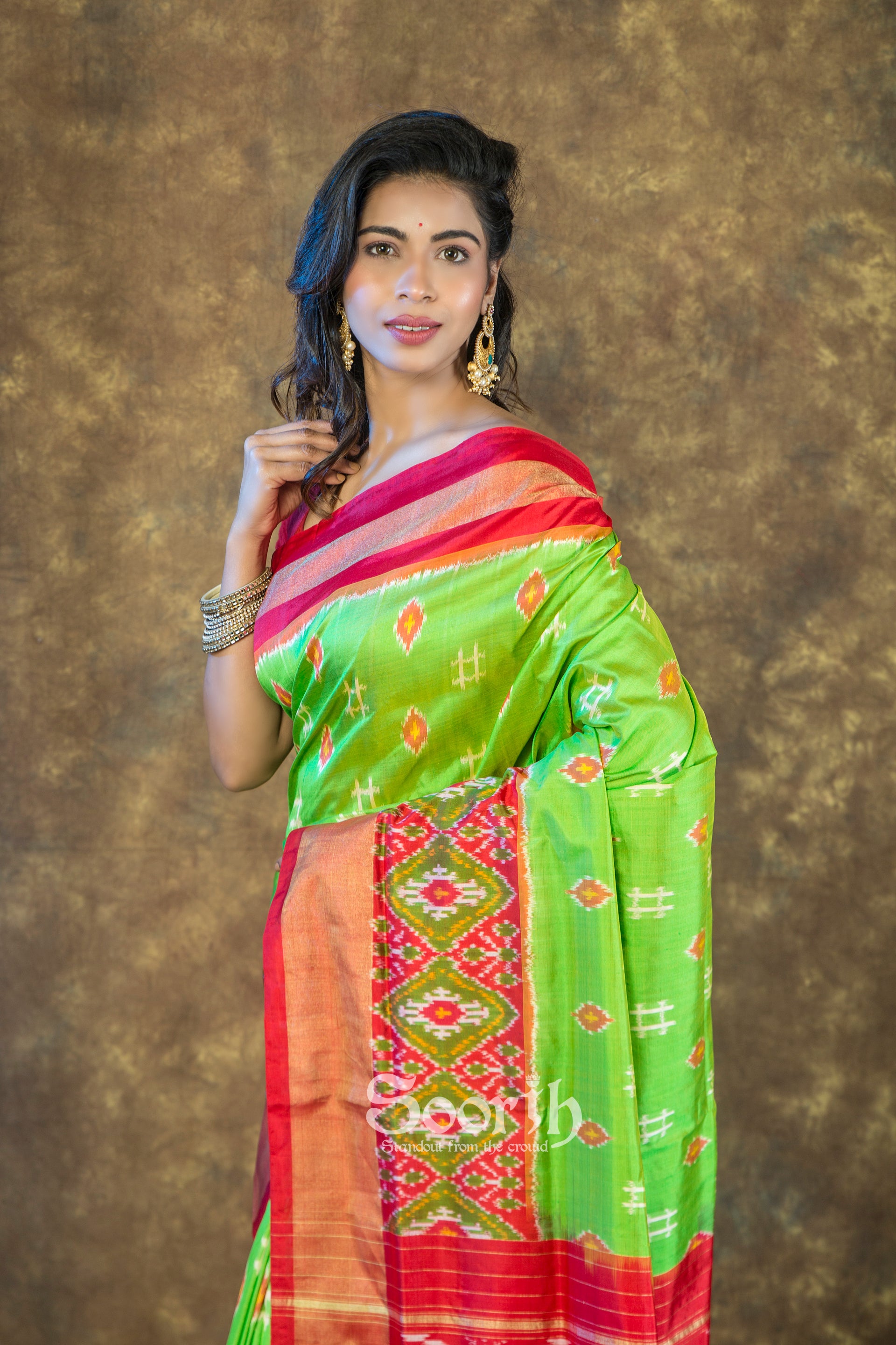 Green Red Pochampally Double Warp Ikkat Silk Saree