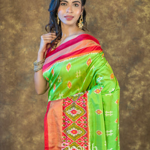 Green Red Pochampally Double Warp Ikkat Silk Saree