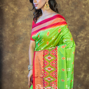 Green Red Pochampally Double Warp Ikkat Silk Saree