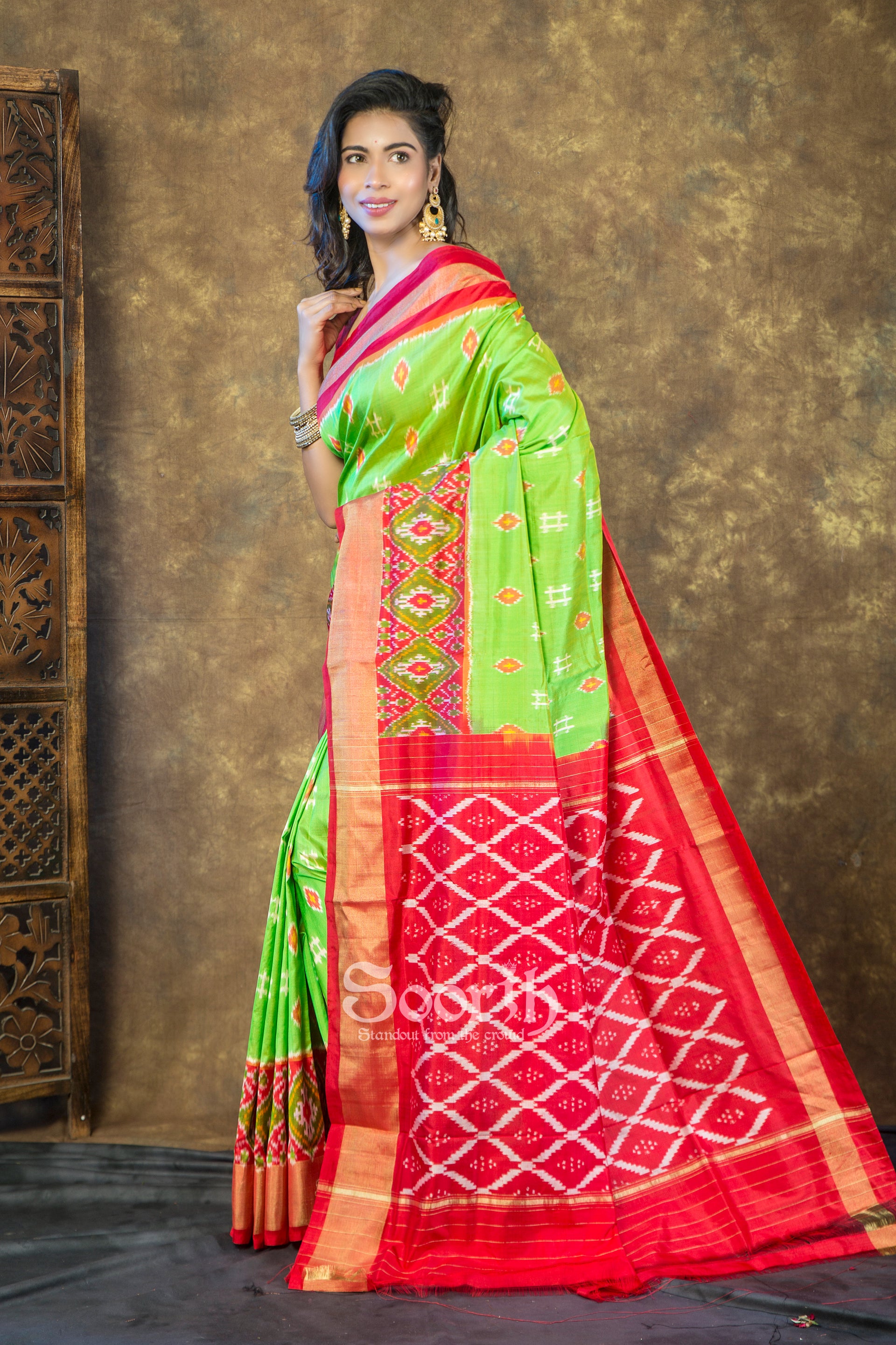 Green Red Pochampally Double Warp Ikkat Silk Saree