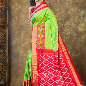 Green Red Pochampally Double Warp Ikkat Silk Saree