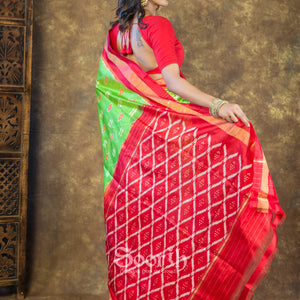 Green Red Pochampally Double Warp Ikkat Silk Saree