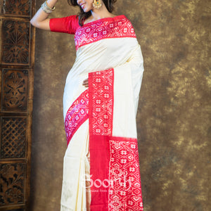 Offwhite Red Plain Body Pochampally Double Warp Ikkat Silk Saree