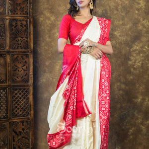 Offwhite Red Plain Body Pochampally Double Warp Ikkat Silk Saree