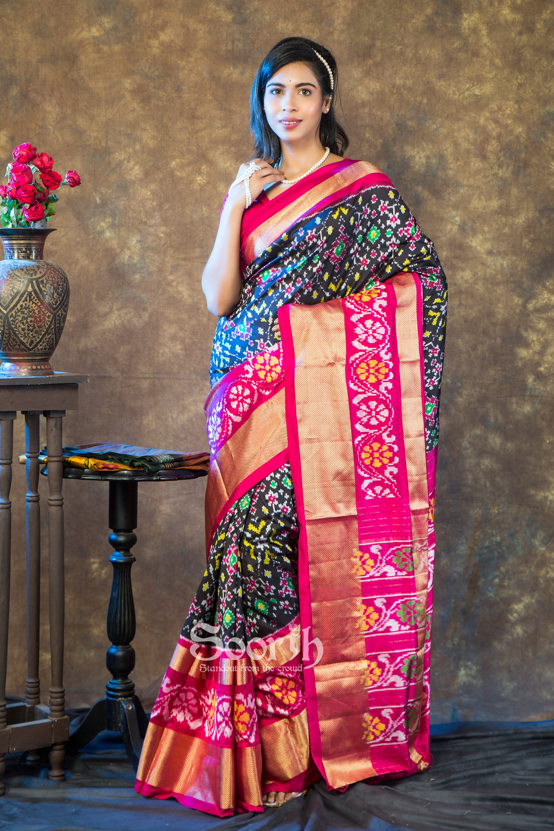 Black Rani Double Warp Navratna Patola Silk Saree