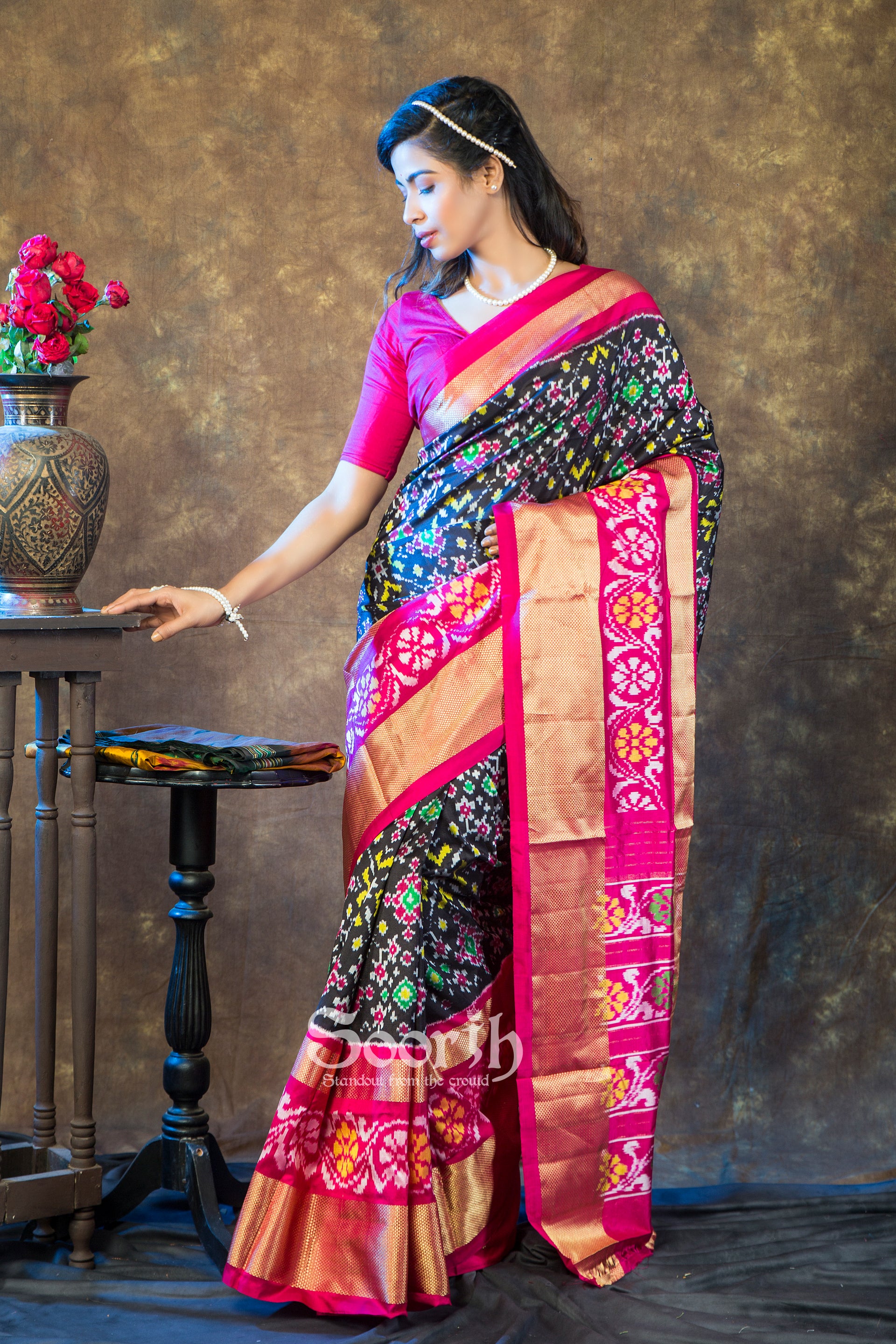 Black Rani Double Warp Navratna Patola Silk Saree