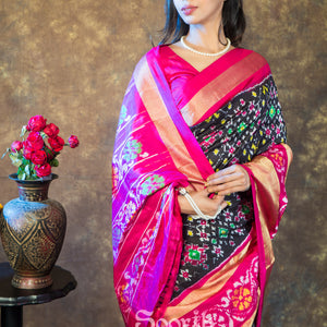 Black Rani Double Warp Navratna Patola Silk Saree