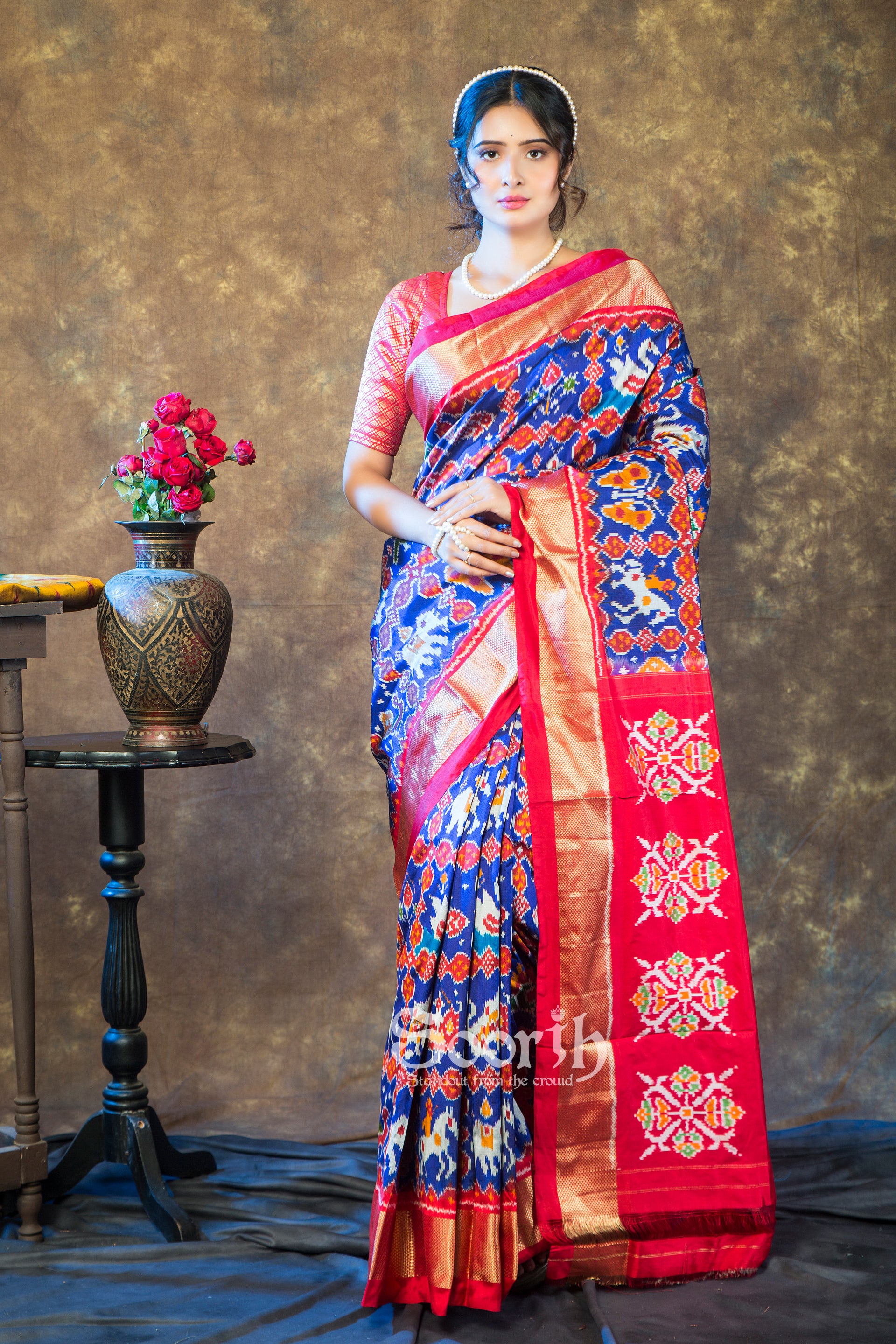 Blue Red Double Warp Patola Silk Saree