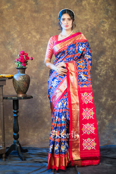 Blue Red Double Warp Patola Silk Saree