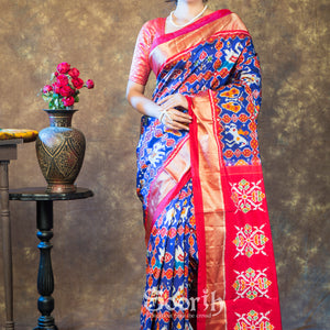 Blue Red Double Warp Patola Silk Saree