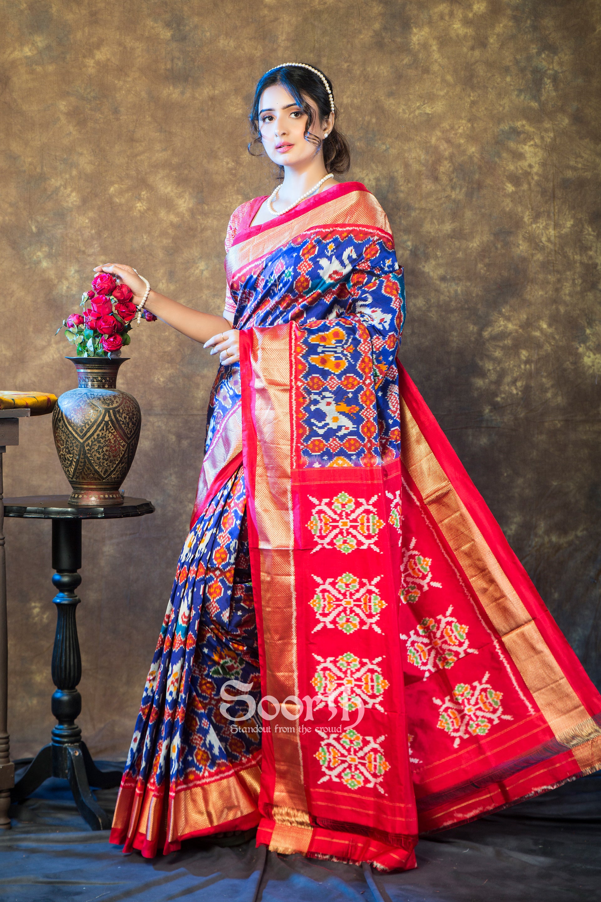 Blue Red Double Warp Patola Silk Saree