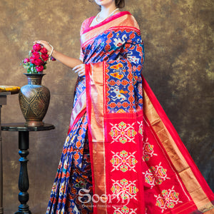 Blue Red Double Warp Patola Silk Saree