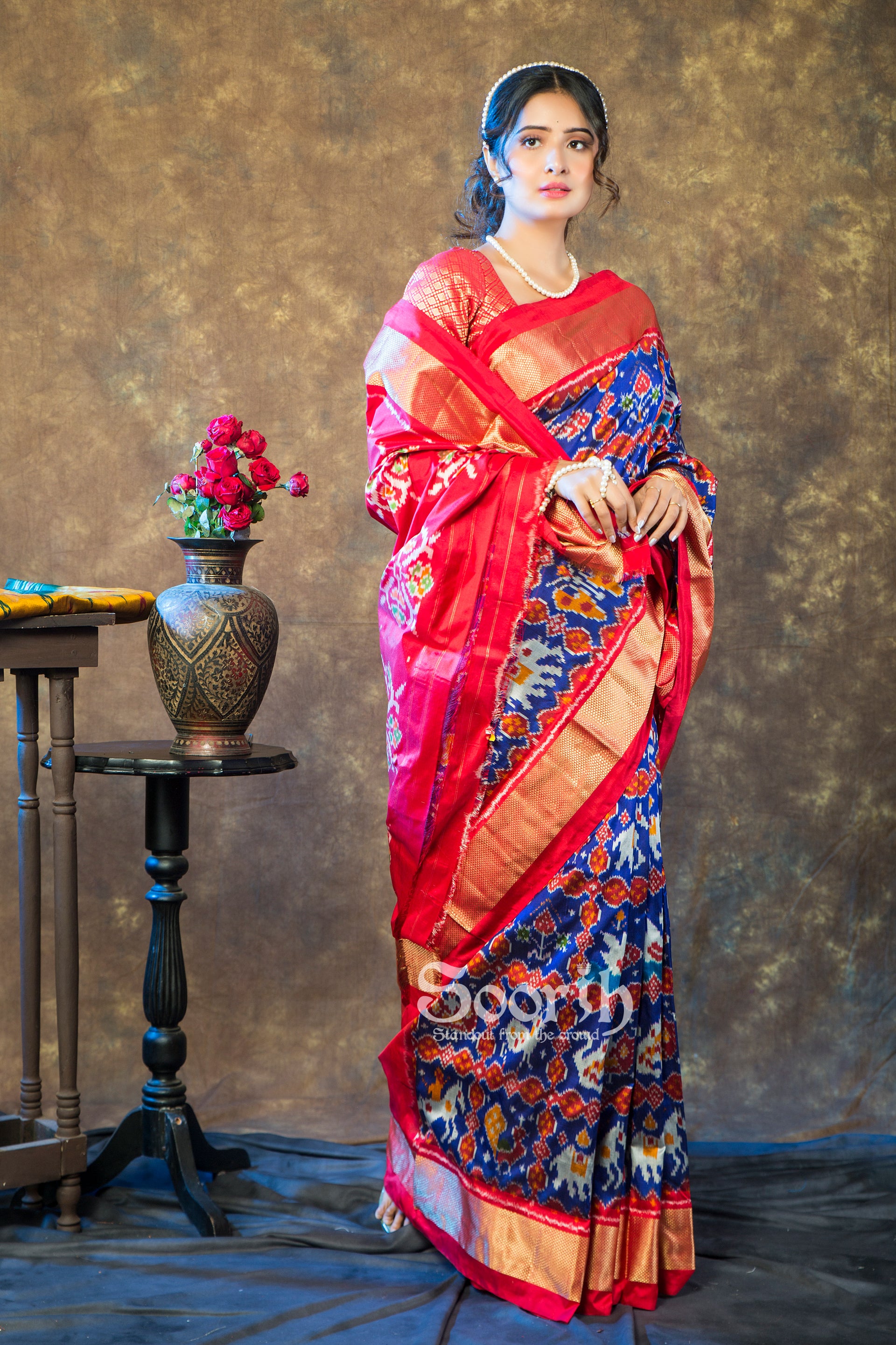 Blue Red Double Warp Patola Silk Saree