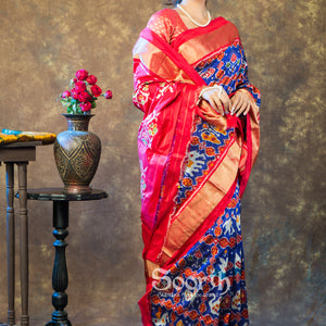 Blue Red Double Warp Patola Silk Saree