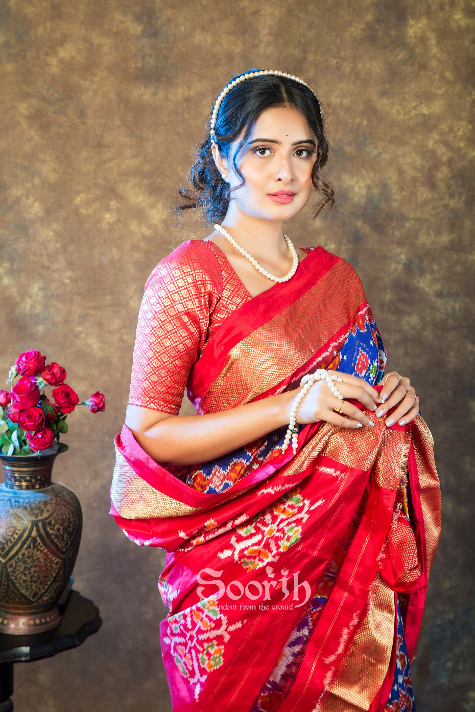 Blue Red Double Warp Patola Silk Saree