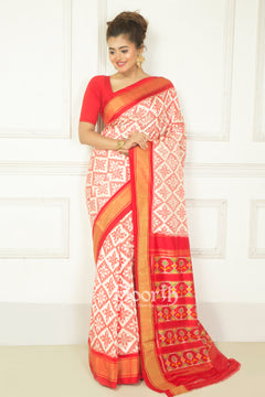 Red White Allover Work Pochampally Double Warp Ikkat Silk Saree