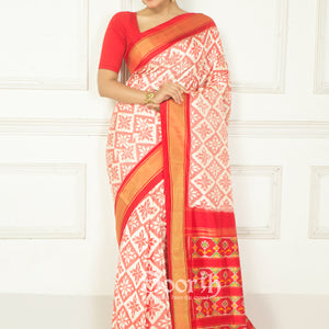 Red White Allover Work Pochampally Double Warp Ikkat Silk Saree